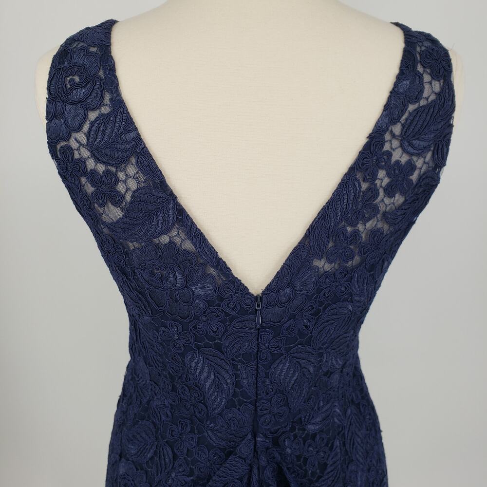 ML Monique Lhuillier Follow Suit Sheath Dress 12 Floral Leaf Lace Cocktail Navy - Picture 12 of 14
